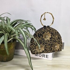 Bougainvillea Black and Gold Floral Embroidered Clutch